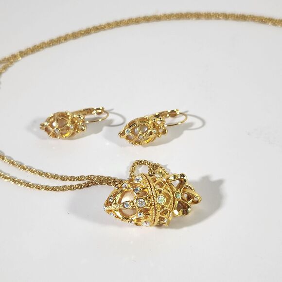 Faberge Egg Pendant Necklace Earrings Set Joan Rivers Jewelry Locket Rhinestone - Picture 5 of 12